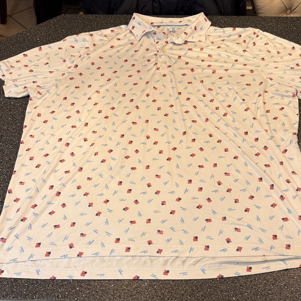 johnnie-O White Polo with American Flags & surf boards - size XXL